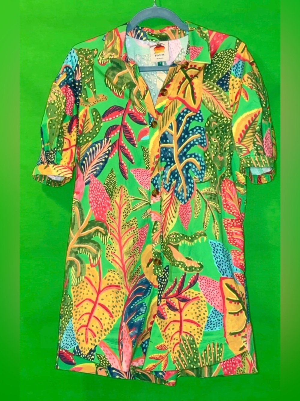 FARM Rio Multicolor Tropical Shirt Dress - Green Base